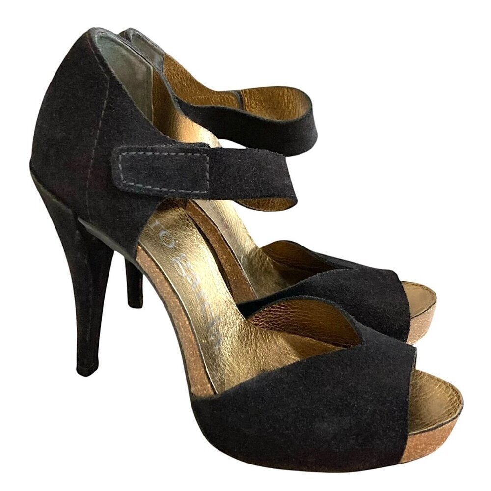 PEDRO GARCIA Suede Open Toe Platform Pumps Black Mary Jane Ankle Strap